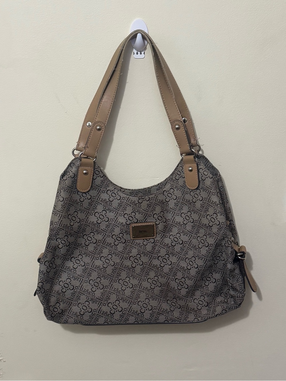 liz & co. Taupe Patterned Shoulder Bag with Tan Handles